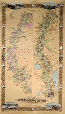 Map depicting plantations on the Mississippi River from Natchez to New Orleans, 1858 (colour litho) de American School, (19th century)