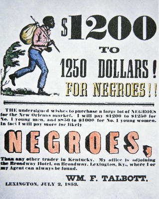 Poster for slave trade, New Orleans, 1853 (colour litho) de American School, (19th century)