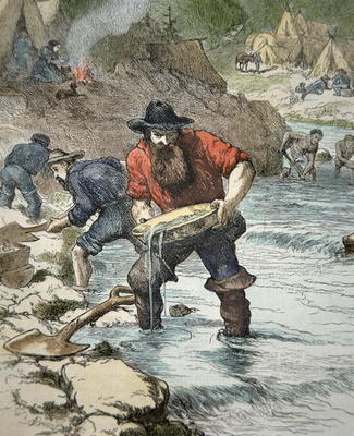 Prospectors panning for gold during the Californian Gold Rush of 1849 (coloured engraving) de American School, (19th century)