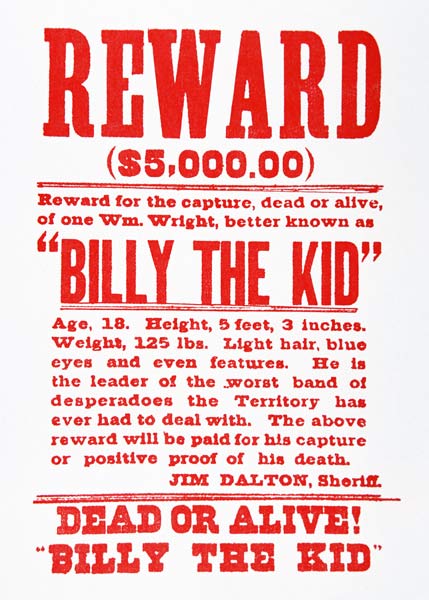 Reward Poster for Billy the Kid (1859-81) (litho) de American School, (19th century)