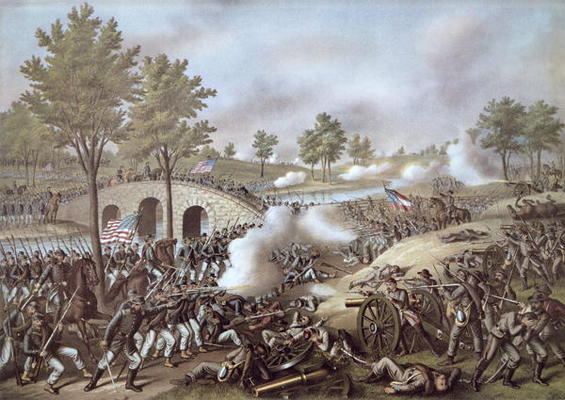 The Battle of Antietam, 1862, by Kurz & Allison (colour litho) de American School, (19th century)
