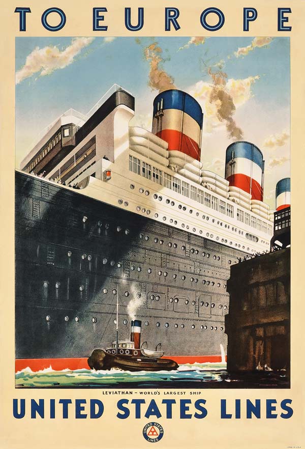 Poster advertising travel to Europe with the ocean liner 'Leviathan' by the shipping company 'United de American School, (20th century)