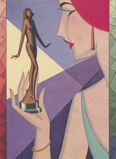 Art Deco Illustration of a Woman with a Golden Statuette de American School, (20th century)