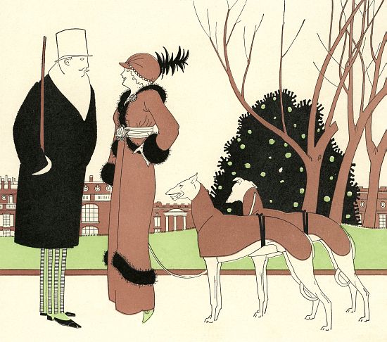 Fashionable Couple with Two Greyhounds de American School, (20th century)