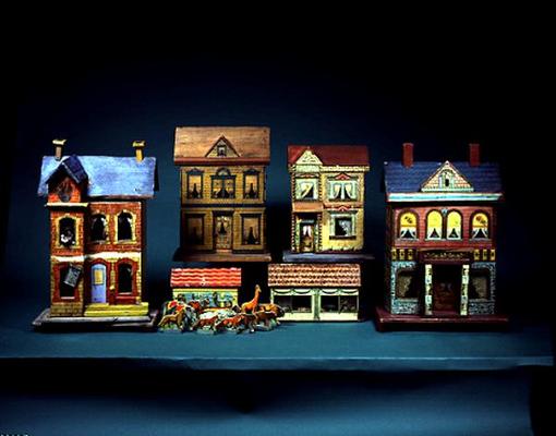 Four Two-Storey Doll's Houses - L-R: Gottschalk Blue Roof Doll's House, c. 1910; Bliss Doll's House de American School, (20th century)