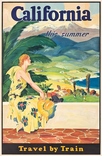 Poster advertising train travel to California de American School, (20th century)
