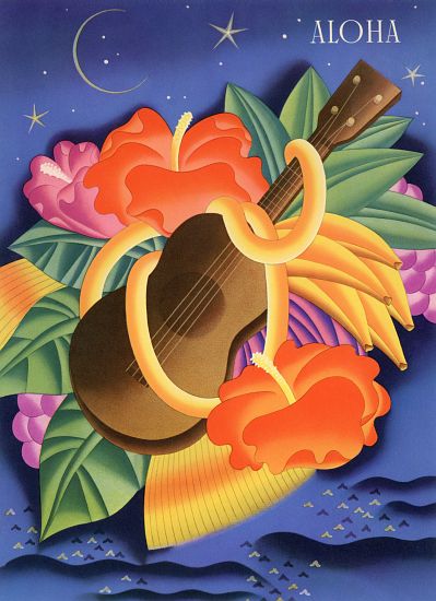 Symbols of Hawaii Including a Ukelele and Hibiscus Blossoms de American School, (20th century)