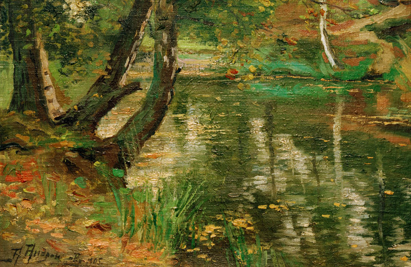 Summery river landscape with trees de Anatolij Fedorovich Andronov