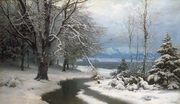 Winter landscape with brook and sea de Anders Andersen-Lundby