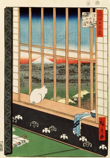 A cat sitting on the window seat de Ando oder Utagawa Hiroshige