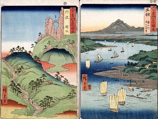 A landscape and seascape, two views from the series ''60-Odd Famous Views of the Provinces'', pub. K de Ando oder Utagawa Hiroshige