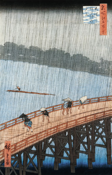 Sudden Shower over Shin-Ohashi Bridge and Atake (Ohashi Atake no Yudachi), from the series 'Meisho E de Ando oder Utagawa Hiroshige