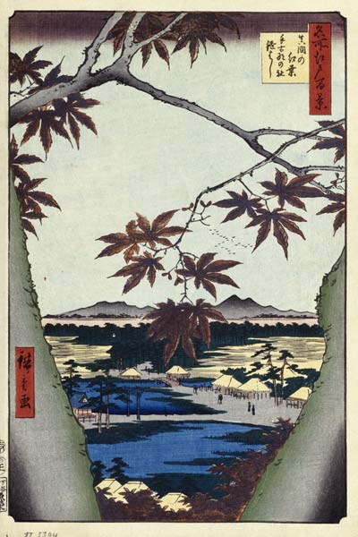 Maple Leaves and the Tekona Shrine and Bridge at Mama (One Hundred Famous Views of Edo) de Ando oder Utagawa Hiroshige