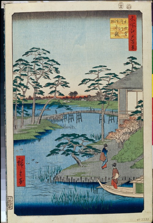 Mokuboji Temple and Vegetable Fields on Uchigawa Inlet (One Hundred Famous Views of Edo) de Ando oder Utagawa Hiroshige