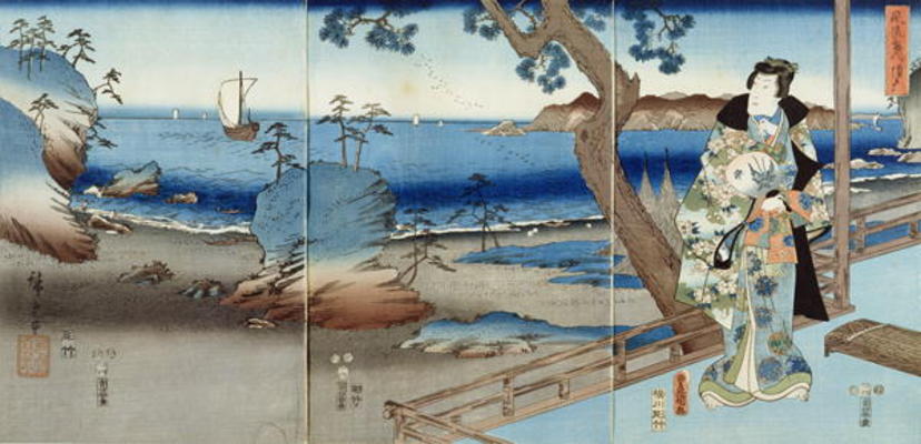 Prince Genji watching at the Suma Beach (triptych) de Ando oder Utagawa Hiroshige
