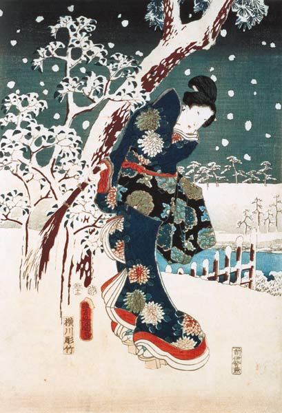 Snow Scene in the Garden of a Daimyo, part of Triptych (silkscreen) de Ando oder Utagawa Hiroshige