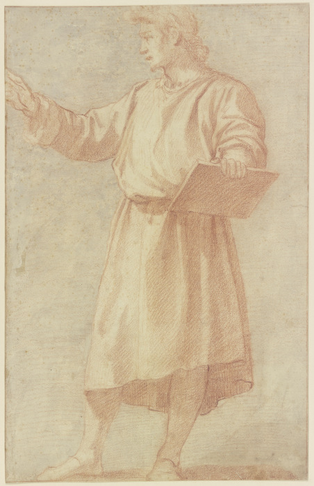 Stehender Mann nach links mit vorgestrecktem rechten Arm und einer Tafel mit der Linken in starker V de Andrea del Sarto