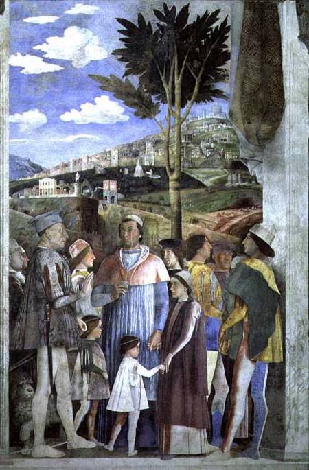 Arrival of Cardinal Francesco Gonzaga, greeted by his father Marchese Ludovico Gonzaga III (reigned de Andrea Mantegna