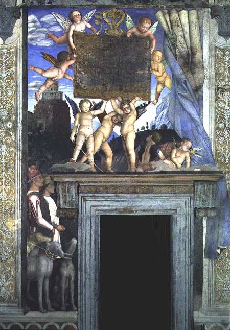 Putti with butterfly wings supporting the dedicatory plaque with hunting dogs and their handlers bel de Andrea Mantegna