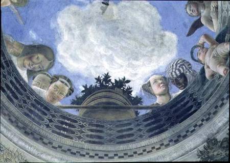 Trompe l'oeil oculus in the centre of the vaulted ceiling of the Camera degli Sposi or the Camera Pi de Andrea Mantegna