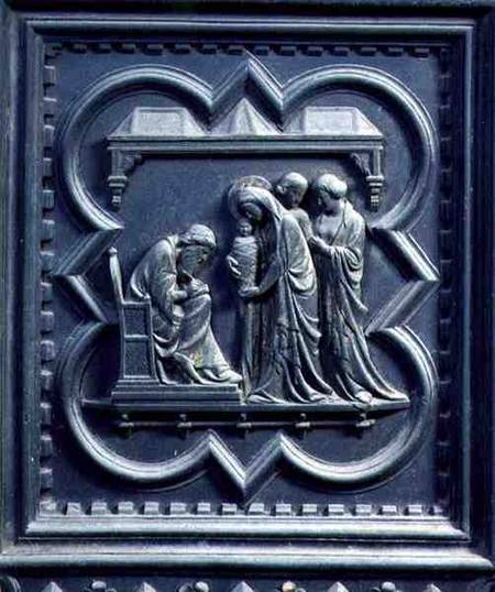 Zechariah Writes the Boy's Name, fifth panel of the South Doors of the Baptistery of San Giovanni de Andrea Pisano