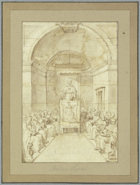 Der Heilige Antonius von Padua predigt vor einer Versammlung von Geistlichen de Andrea Sacchi