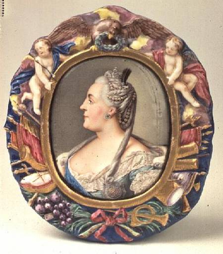 Catherine II (1729-96) after a portrait by Feodor Rokotov, enamel and copper, frame from the Imperia de Andrei Ivanovich Chernyi