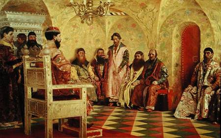 Tsar Mikhail Fyodorovich (1596-1645) with Boyars Sitting in His Room de Andrei Petrovich Ryabushkin