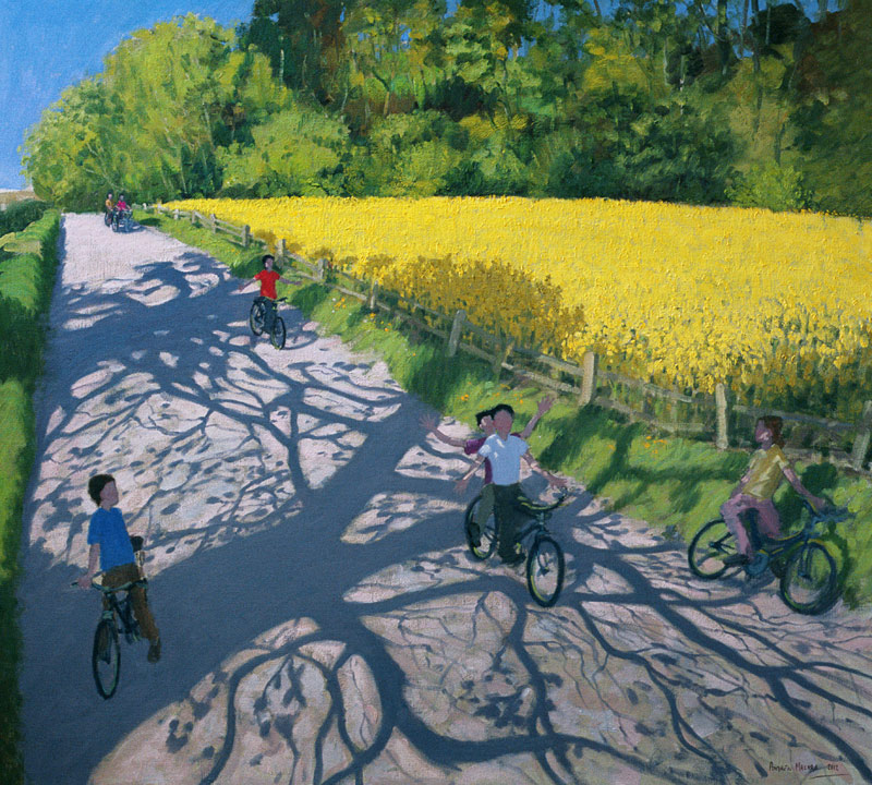 Cyclists and Yellow Field, Kedleston, Derby (oil on canvas)  de Andrew  Macara