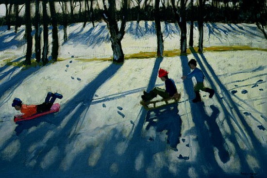 Boys Sledging, Allestree Park, Derby (oil on canvas)  de Andrew  Macara