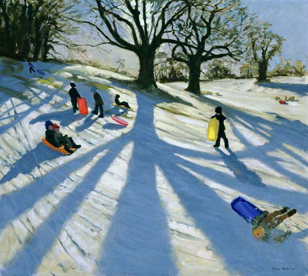 Winter Tree, Snow Sledgers, Calke Abbey, Derby (oil on canvas)  de Andrew  Macara