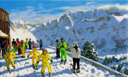 Young skiers in yellow,Val Gardena Italy