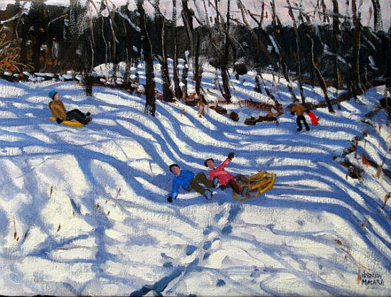 Two boys falling off a sledge, Morzine (oil on canvas)  de Andrew  Macara