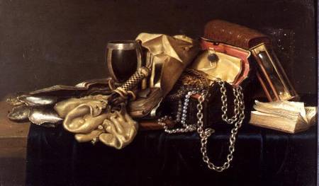 Still Life of a Jewellery Casket, Books and Oysters de Andries Vermeulen