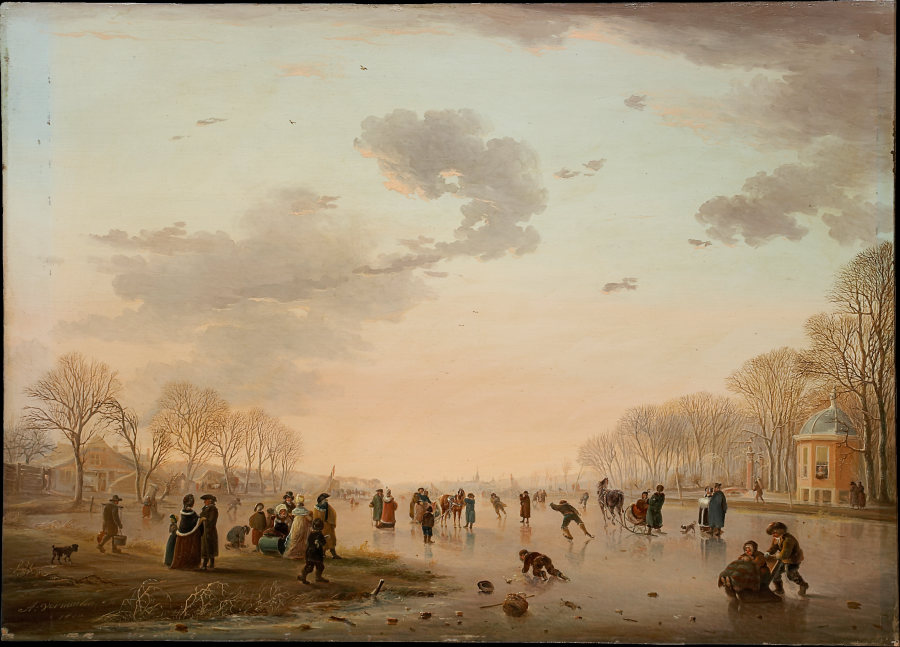 Winter Landscape with Ice Skaters on a River de Andries Vermeulen