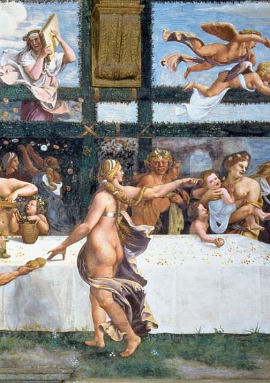The Rustic Banquet celebrating the marriage of Cupid and Psyche, with the three lunettes above depic de (and workshop) Giulio Romano