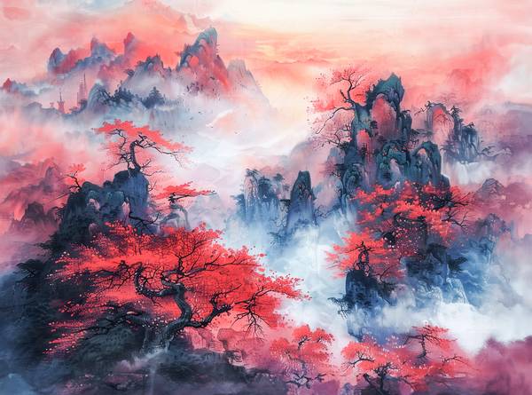 Paisaje de montaña chino en otoño. Árboles de arce rojo. de Anja Frost