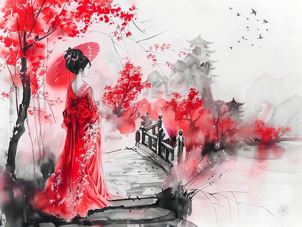 Geisha china junto a un puente en el templo. de Anja Frost