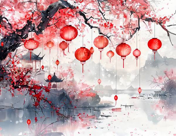 Farolillos chinos en un árbol de cerezo en flor. Complejo del templo. de Anja Frost