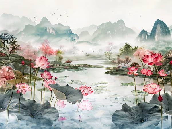 Flores de loto chinas junto al estanque. Paisaje montañoso. de Anja Frost
