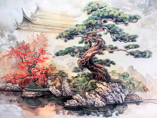 Jardín de bonsáis chino con templo. de Anja Frost