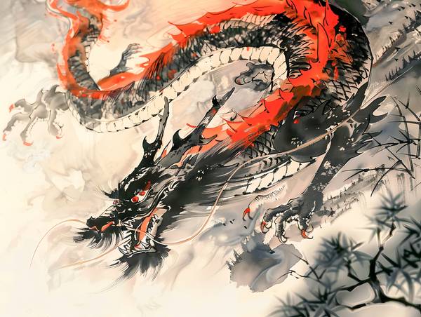 Dragón chino en tinta roja y negra de Anja Frost
