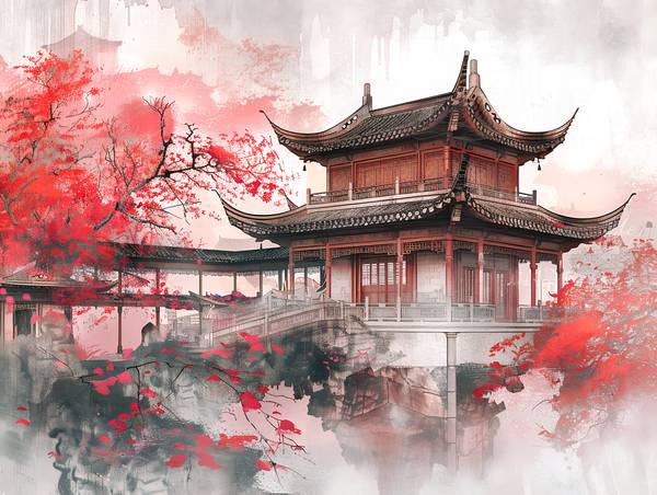 Templo chino durante la temporada de floración de los cerezos. de Anja Frost