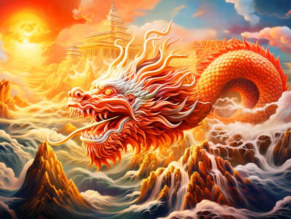 El Dragón de Fuego en el Resplandor del Atardecer. Dragón chino. de Anja Frost