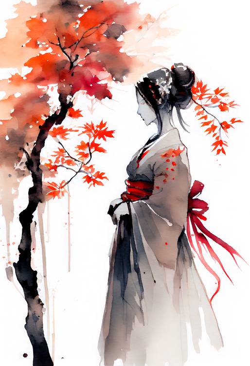 Geisha japonesa con arce otoñal. acuarela de Anja Frost