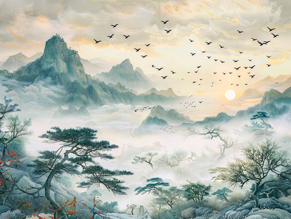 Sol de la mañana sobre las montañas de China. Bandada de pájaros. de Anja Frost