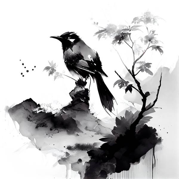 Pincel y pluma: un pájaro de tinta atrapado en el encanto de la pintura asiática de Anja Frost