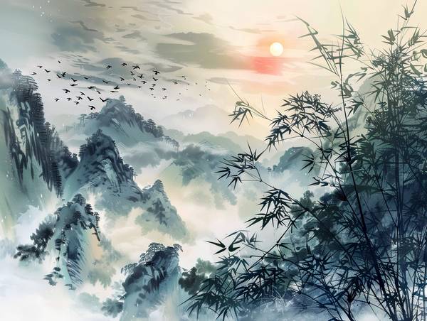Bandada de aves migratorias volando sobre las montañas de China. de Anja Frost