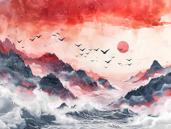 Amanecer sobre el mar. Bandada de pájaros. de Anja Frost