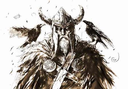  Dibujo a lápiz de Allvater Odin, la deidad principal de la mitología nórdica, acompañado de sus dos
